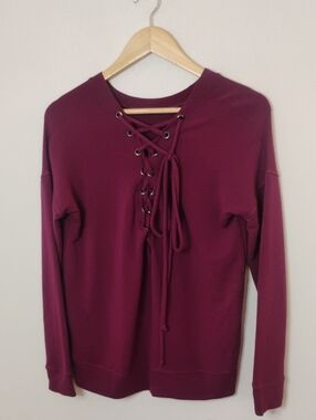 Yogalicious Lace-Up Knit Pullover in Burgundy